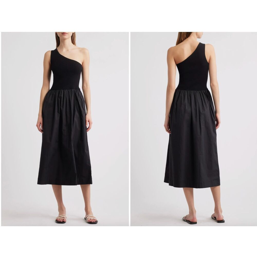 New Women's Rails Anita One Shoulder Flowy Midi Dress Black Size Medium